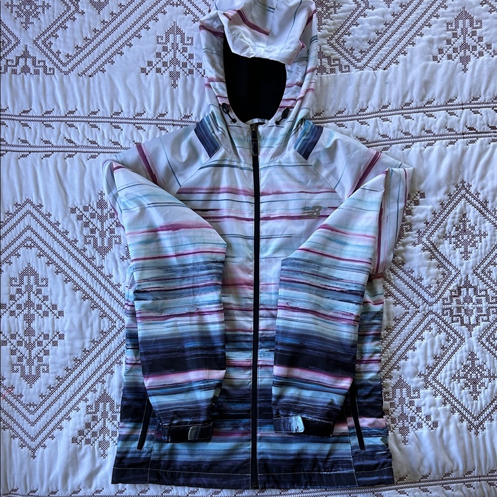 New Balance Striped Hooded Utility Jacket in White, Black, Blue, Pink